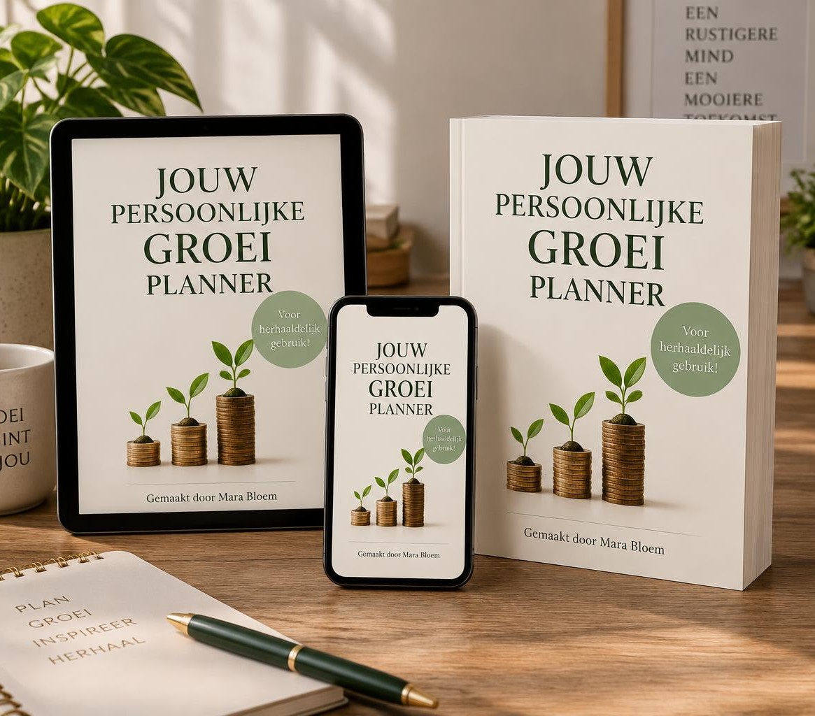 Jouw persoonlijke groeiplanner van 90 dagen als e-book op tablet en mobiel, naast de print op een houten tafel